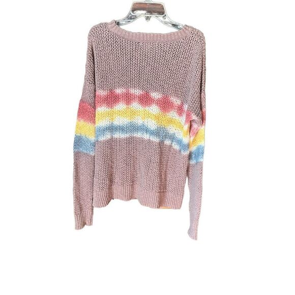 KNOX ROSE LIGHTWEIGHT OPEN KNIT COTTON SWEATER RAINBOW TIE-DYE STRIPED CREWNECK - Picture 3 of 15